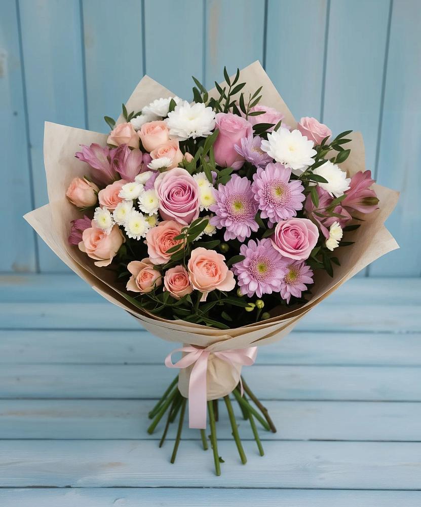 Букет цветов из: Хризантемы, Розы и Альстромерии в Токарёвке