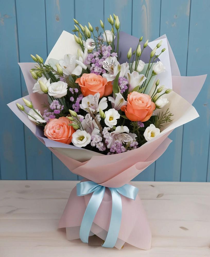 Букет цветов из: Лизиантусы, Розы, Альстромерии и Гипсофила в Токарёвке
