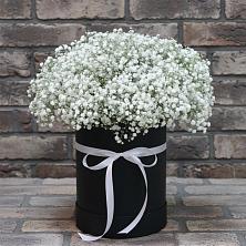 Цветочная композиция из Гипсофила в шляпной коробке в Токарёвке