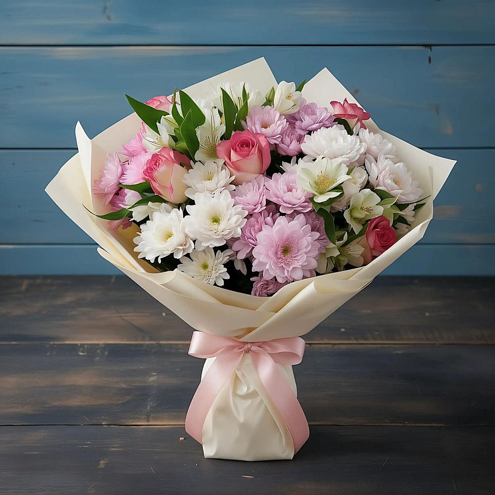 Букет цветов из: Хризантемы, Альстромерии и Розы в Токарёвке